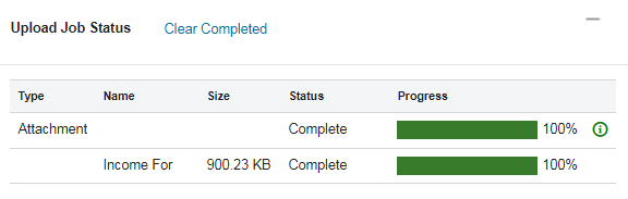 Screen capture showing the pop-up Upload Job Status.